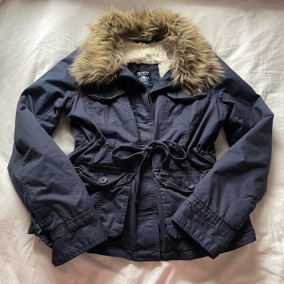 2000s Navy Blue Faux-Fur Hood Jacket - Picture 1 of 8